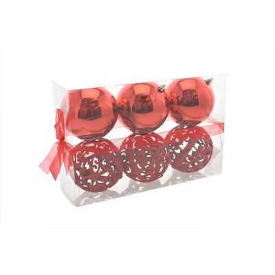 BOX 6 SFERE PALLINE DI NATALE LUCIDA/TRAF. GLITTER ROSSO CM. 10