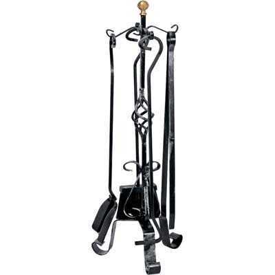 SET ATTREZZI PER CAMINO KIT 5 PEZZI PIGNA FERRO BATTUTO CON