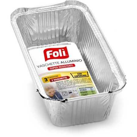 FOLI' VASCHETTA IN ALLUMINIO CON COPERCHIO 3 PORZIONE 2 PEZZI