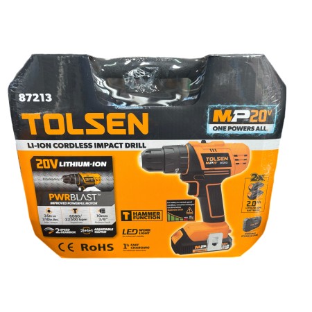 TOLSEN AVVITATORE A PERCUSSIONE CON 2 BATTERIE LITIO 20V 2AH E VALIGETTA CON ACCESSORI