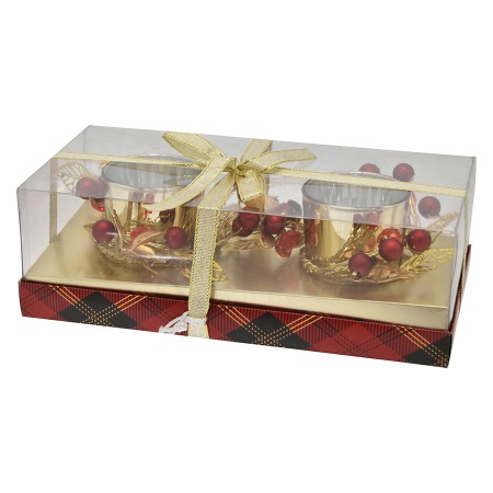 PORTA CANDELA DI NATALE 2F COLORE ORO ROSSO CM. 22,3x11,3x7,5