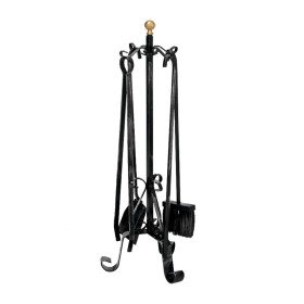 SET ATTREZZI PER CAMINO KIT 5 PEZZI FERRO BATTUTO PESANTE CON POMI OTTONE CM. 70h.