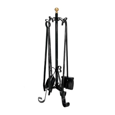 SET ATTREZZI PER CAMINO KIT 5 PEZZI FERRO BATTUTO PESANTE CON POMI OTTONE CM. 70h.