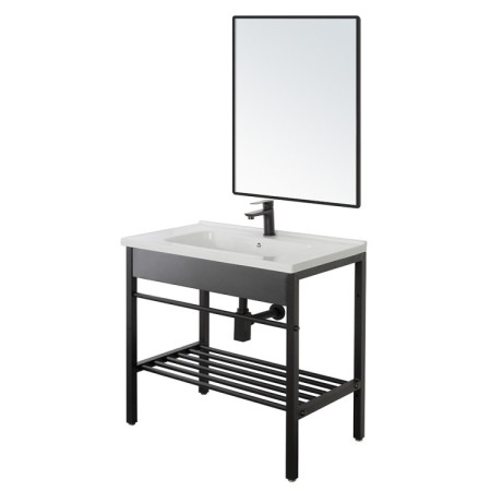 FERIDRAS SET COMPOSIZIONE BAGNO IN METALLO NERO CM. 80 CON LAVABO IN CERAMICA E SPECCHIO LINEA BORG
