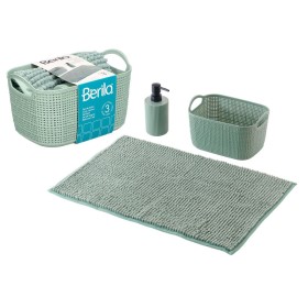 SET 3 PZ ARREDO BAGNO DI COLORE VERDE DISPENSER CESTA E TAPPETO