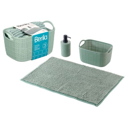 SET 3 PZ ARREDO BAGNO DI COLORE VERDE DISPENSER CESTA E TAPPETO