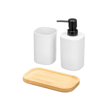 SET DISPENSER E BICCHIERE COLORE BIANCO CON BASE IN BAMBU