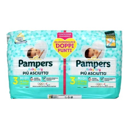 PAMPERS BABY DRY 3 MIDI 4-9 KG 20+20 PEZZI PACCO DOPPIO