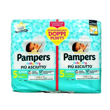PAMPERS BABY DRY 5 JUNIOR 11-25 KG 16+16 PEZZI PACCO DOPPIO