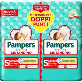 PAMPERS BABY DRY MUTANDINO 5 JUNIOR 12-18 KG 13+13 PEZZI PACCO DOPPIO