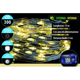 NATALUNA 300 MICROLED LUCI DI  NATALE PER USO ESTERNO CAVO ARGENTO LUCE CALDA 8 FUNZIONI CM. 15MT+5MT