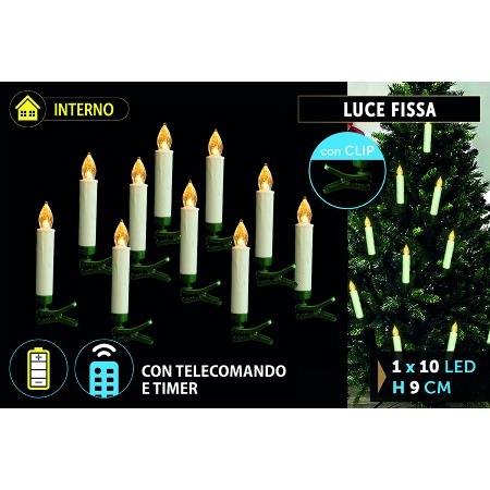 NATALUNA BOX 10Z CANDELE LED LUCE CALDA PER INTERNO CON CLIP PER ALBERO DI NATALE E TELECOMANDO CM. 9