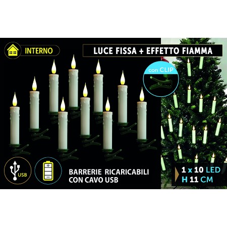 NATALUNA BOX 10Z CANDELE LED LUCE EFFETTO FIAMMA PER INTERNO CON CLIP PER ALBERO DI NATALE E TELECOMANDO CM. 11