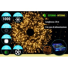 NATALUNA CLUSTER 1000LED LUCI DI NATALE PER USO ESTERNO CAVO VERDE LUCA CALDA 8 FUNZIONI MT. 20