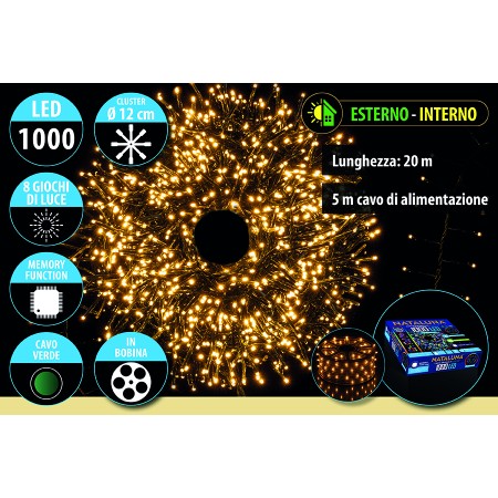 NATALUNA CLUSTER 1000LED LUCI DI NATALE PER USO ESTERNO CAVO VERDE LUCA CALDA 8 FUNZIONI MT. 20