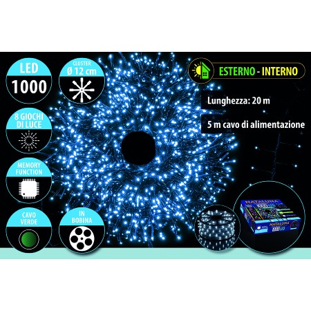 NATALUNA CLUSTER 1000LED LUCI DI NATALE PER USO ESTERNO CAVO VERDE LUCE BIANCA 8 FUNZIONI MT. 20