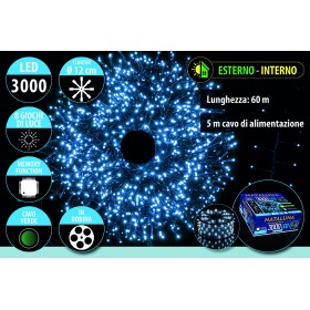 NATALUNA CLUSTER 3000LED LUCI DI NATALE PER USO ESTERNO LUCE BIANCA 8 FUNZIONI MT. 60