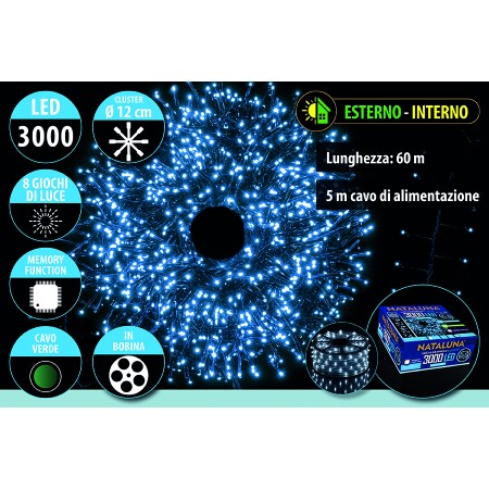 NATALUNA CLUSTER 3000LED LUCI DI NATALE PER USO ESTERNO LUCE BIANCA 8 FUNZIONI MT. 60