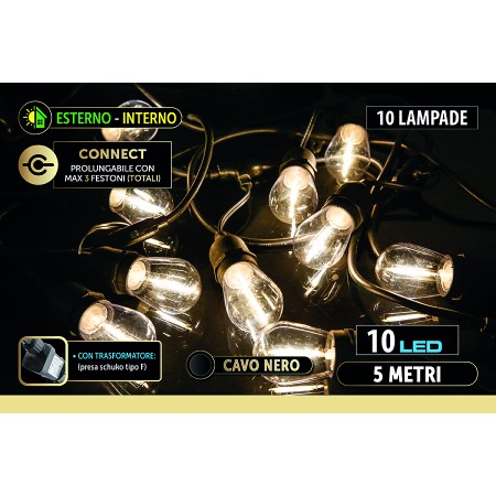 NATALUNA FESTONE 10 LAMPADINE PER INTERNO ED ESTERNO LUCE CALDA 220V IP44 MT. 5