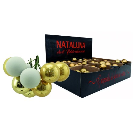 NATALUNA GRAPPOLO 9 SFERE DI VETRO LU/MA/PE DI COLORE BIANCO/ORO CM. 2,5