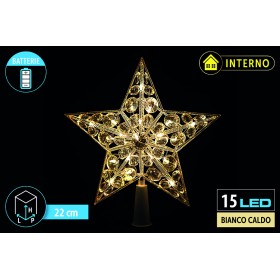 NATALUNA PUNTALE A FORMA DI STELLA PER ALBERO DI NATALE CON 15LED BIANCO CALDO PER INTERNO CM. 22