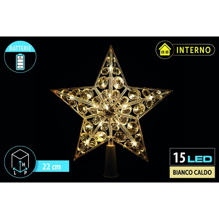 NATALUNA PUNTALE A FORMA DI STELLA PER ALBERO DI NATALE CON 15LED BIANCO CALDO PER INTERNO CM. 22