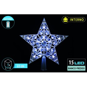 NATALUNA PUNTALE A FORMA DI STELLA PER ALBERO DI NATALE CON 15LED BIANCO FREDDO PER INTERNO CM. 22