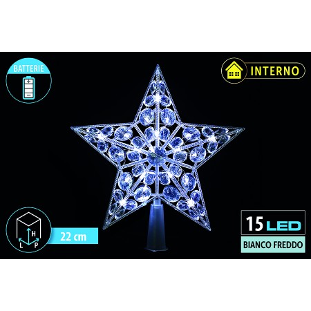 NATALUNA PUNTALE A FORMA DI STELLA PER ALBERO DI NATALE CON 15LED BIANCO FREDDO PER INTERNO CM. 22