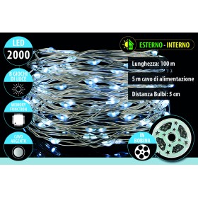 NATALUNA SERIE 2000 MICROLED LUCI DI NATALE PER USO ESTERNO CAVO ARGENTO LUCE BIANCA 8 FUNZIONI MT. 100+5M