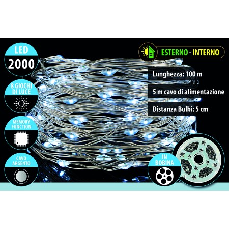 NATALUNA SERIE 2000 MICROLED LUCI DI NATALE PER USO ESTERNO CAVO ARGENTO LUCE BIANCA 8 FUNZIONI MT. 100+5M