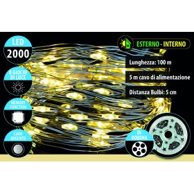 NATALUNA SERIE 2000 MICROLED LUCI DI NATALE PER USO ESTERNO CAVO ARGENTO LUCE CALDA 8 FUNZIONI MT. 100+5M