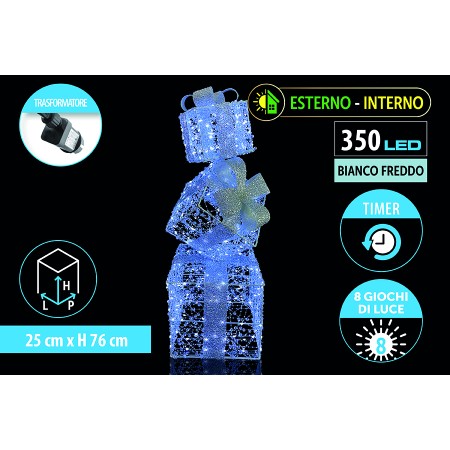 NATALUNA PILA LUMINOSA 350 LED LUCE BIANCA PER USO INTERNO ED ESTERNO 8 FUNZIONI CM. 25x25x76
