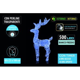 NATALUNA RENNA LUMINOSA 500LED BIANCO TRASPARENTE PER INTERNO ED ESTERNO 8 FUNZIONI CM. 60x22x100