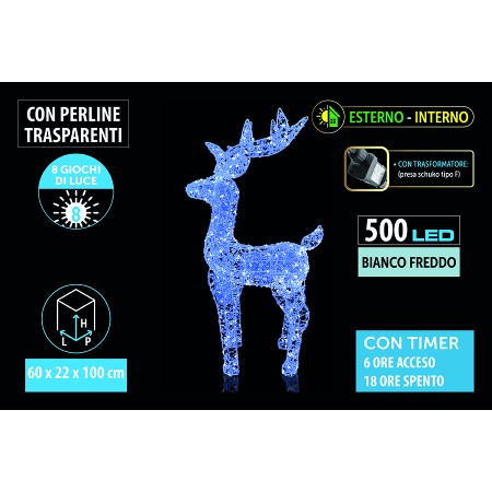 NATALUNA RENNA LUMINOSA 500LED BIANCO TRASPARENTE PER INTERNO ED ESTERNO 8 FUNZIONI CM. 60x22x100